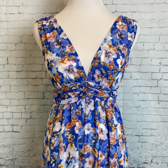 MISA Dominika Maxi Dress XS  Blue Pansy Floral Flowy Plunging Neckline Feminine - Picture 9 of 16